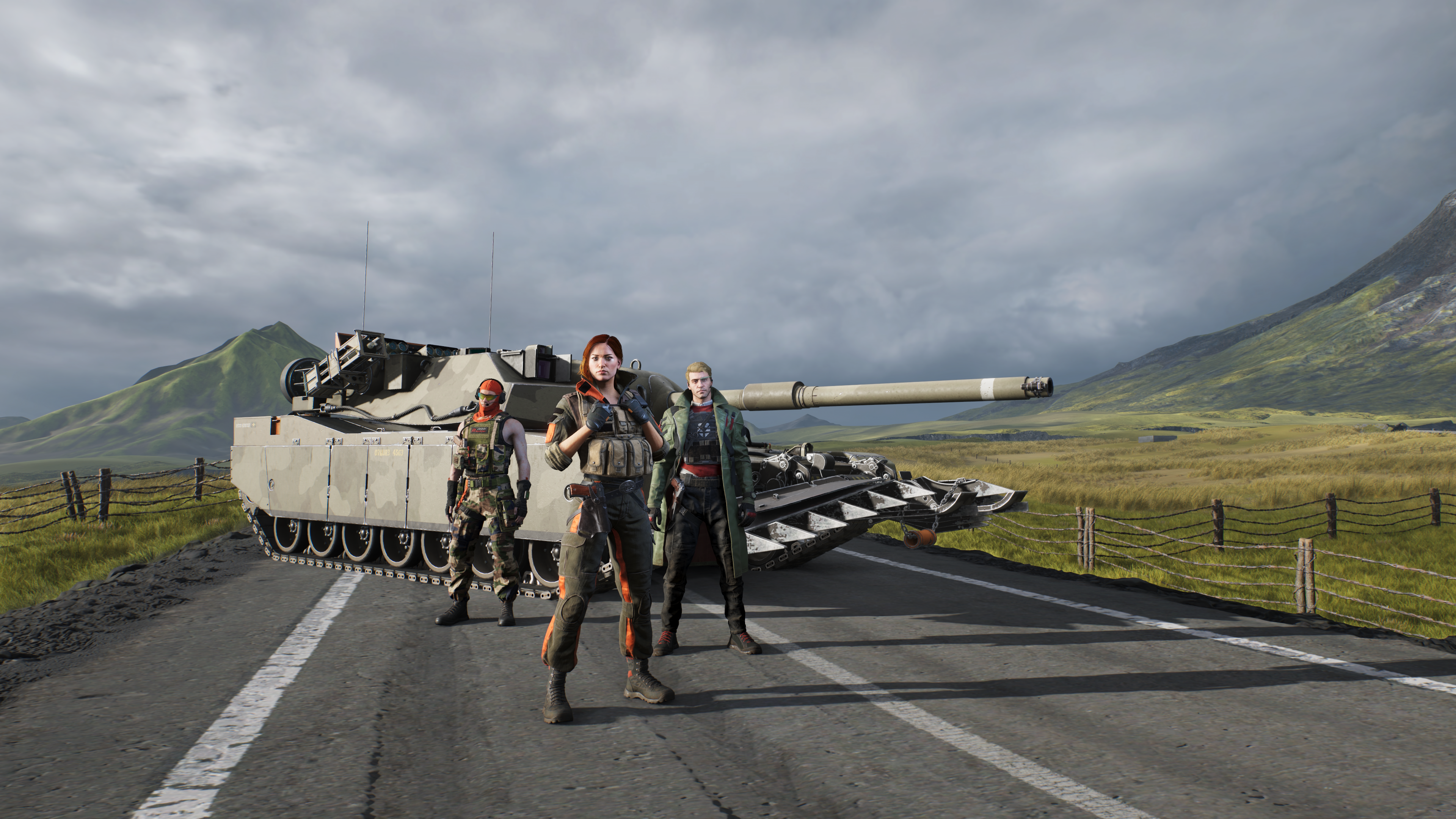 Three Agents advancing with a tank on the battlefield